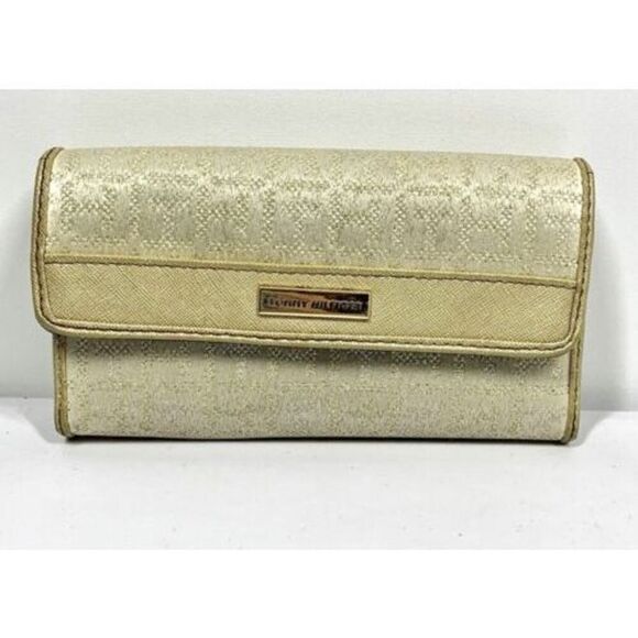 TOMMY HILFIGER Women Jacquard GOLD Flap Wallet Fold Over Blue Lining - Picture 1 of 5